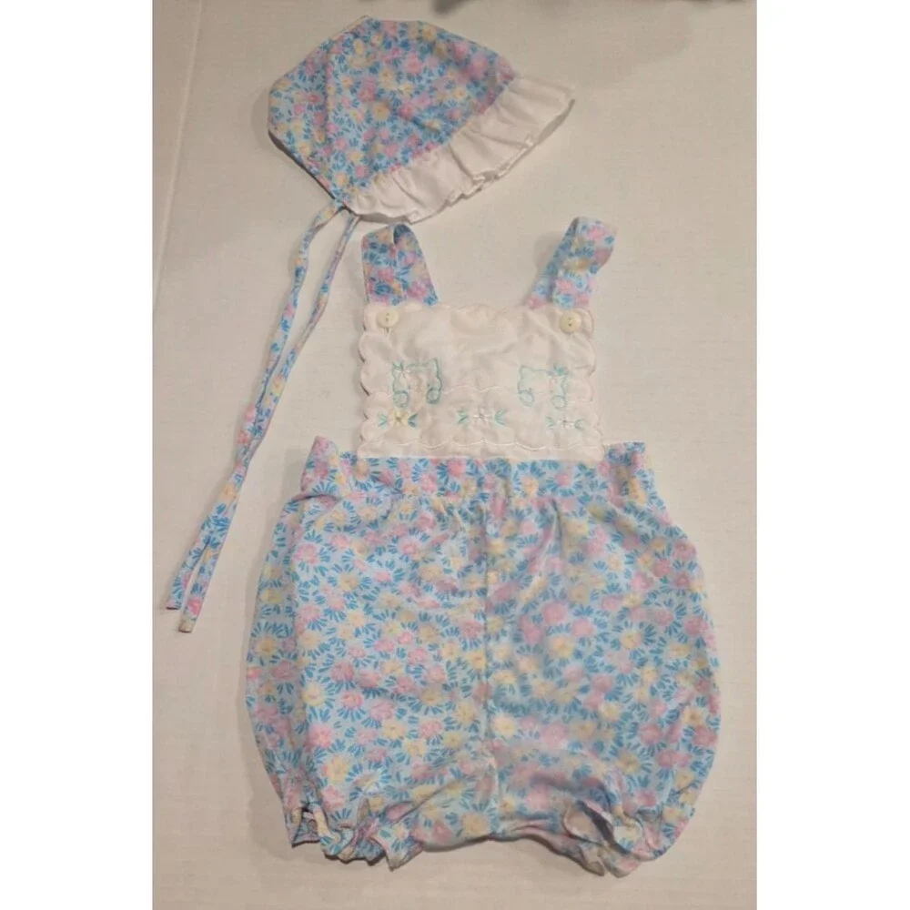 Vintage Blue Floral Romper Overalls with Cats, Matching Bonnet 24 Months